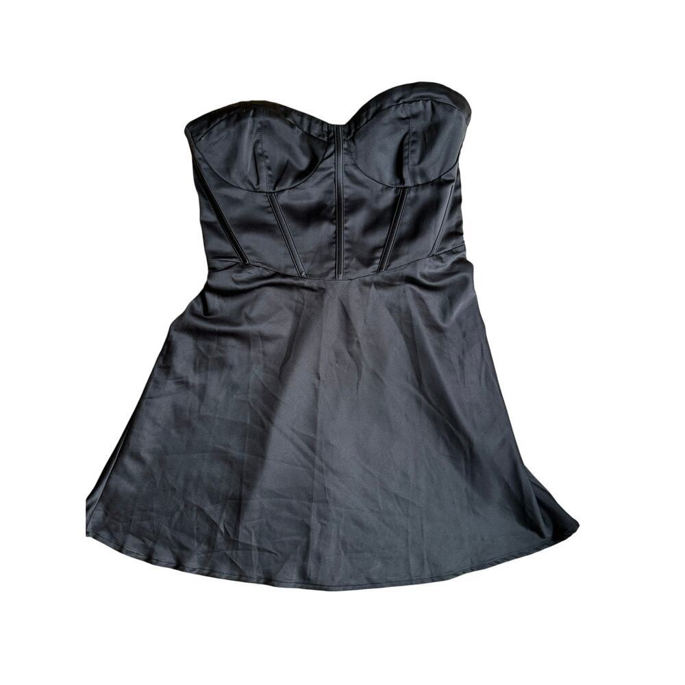Bebe Strapless Black Satin Fit & Flare Dress P/S - Picture 2 of 7